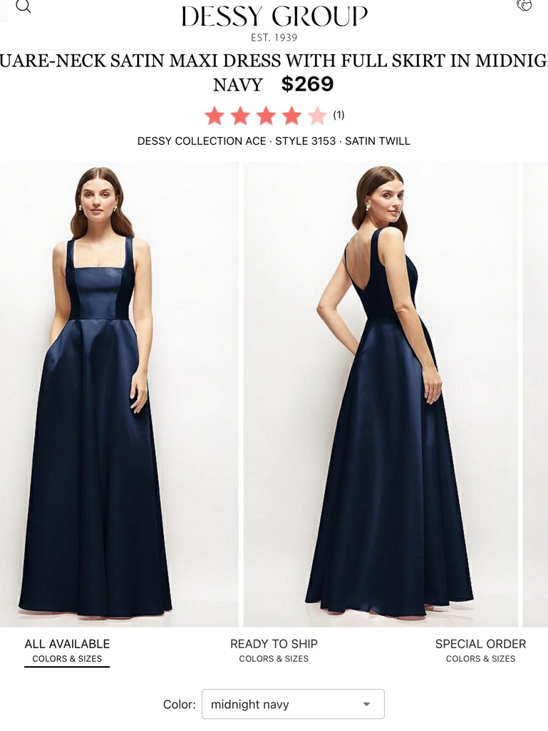 Dessy Collection Midnight Navy Satin Square-Neck Maxi Dress